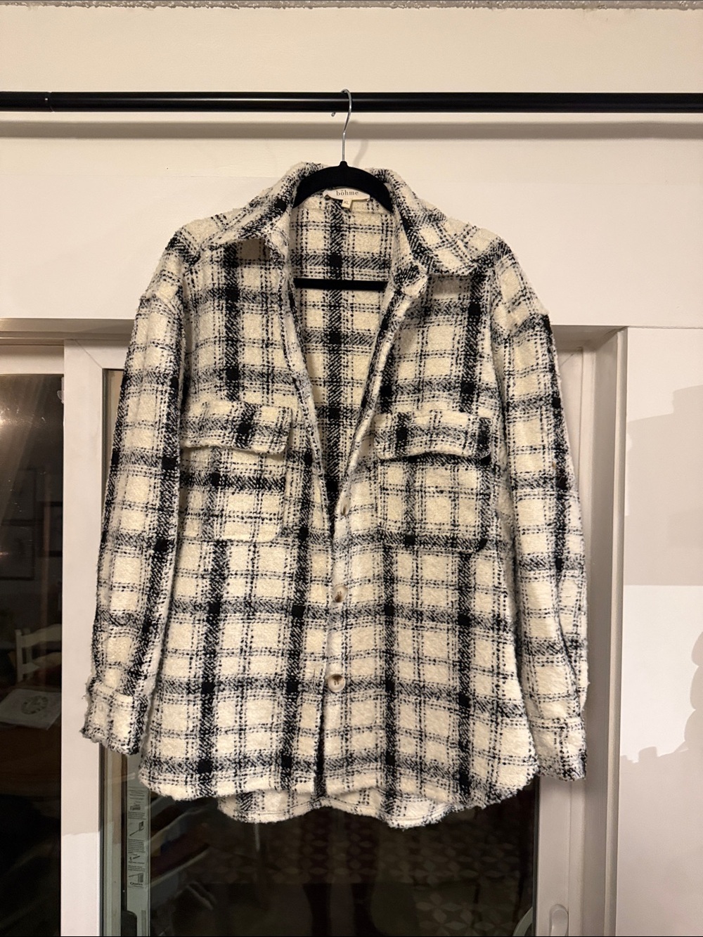bohme Cream & Black Plaid Teddy Shacket Jacket